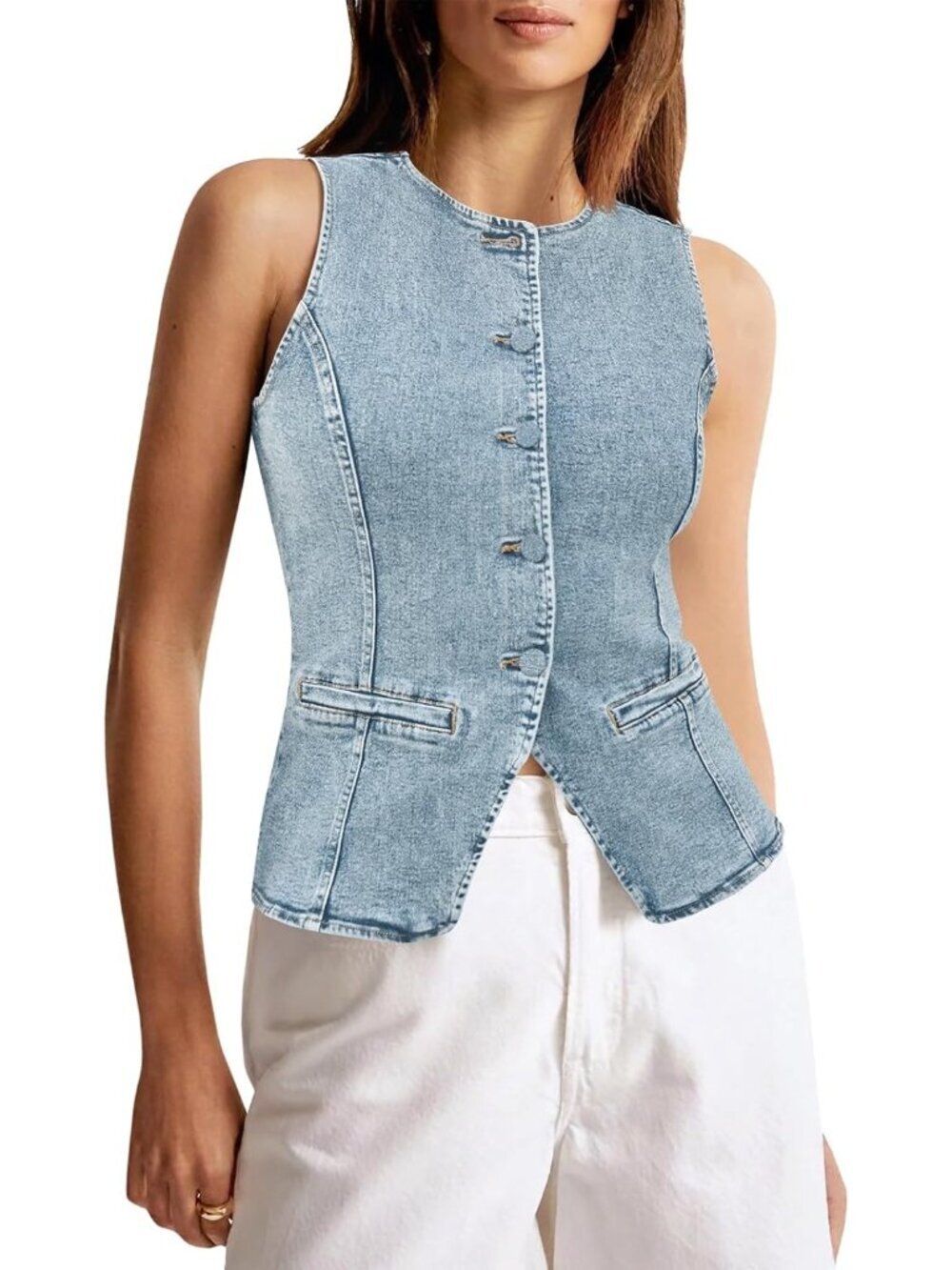 Women's Light Blue Sleeveless Fitted Casual Button Down Denim Vest Top Waistcoat